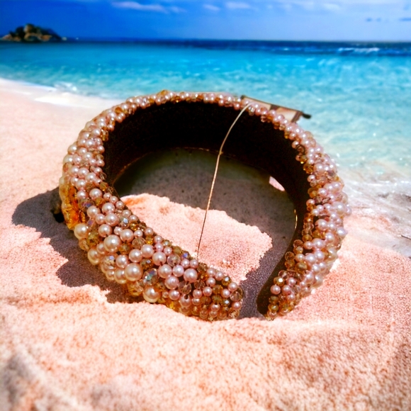 Pink Faux Pearl Metal Flowers with Rhinestone and Crystals Headbands - Picture 2 of 3
